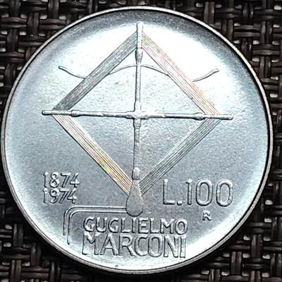 布加迪🐬～世界钱币(上海)🌾第 244 期 /  各国套币和散币 - 意大利🇮🇹1974年 100里拉纪念币--马可尼诞辰壹佰周年