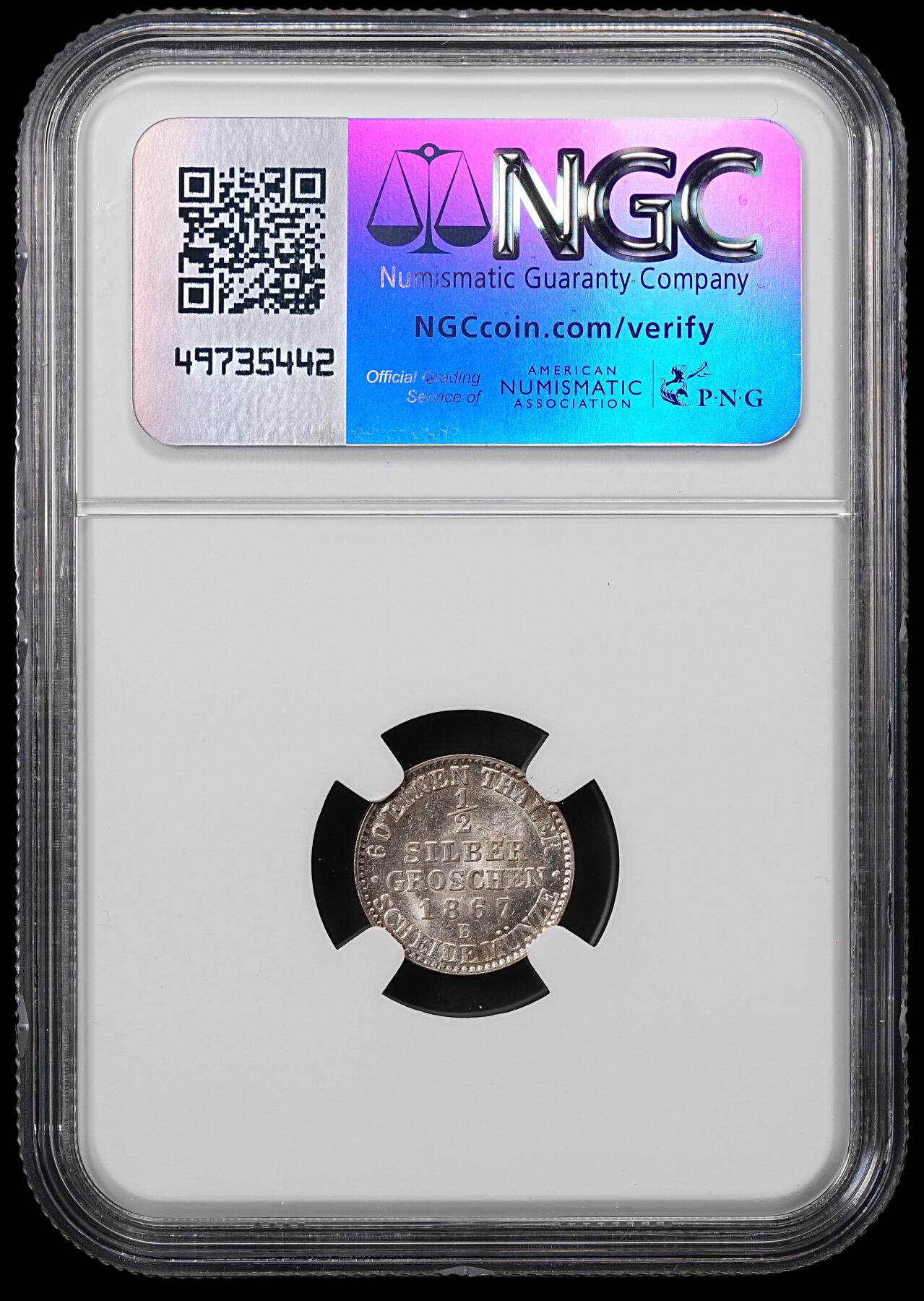修遠堂世界钱币第八十五期 NGC MS64 1867年普鲁士1/2银格罗申