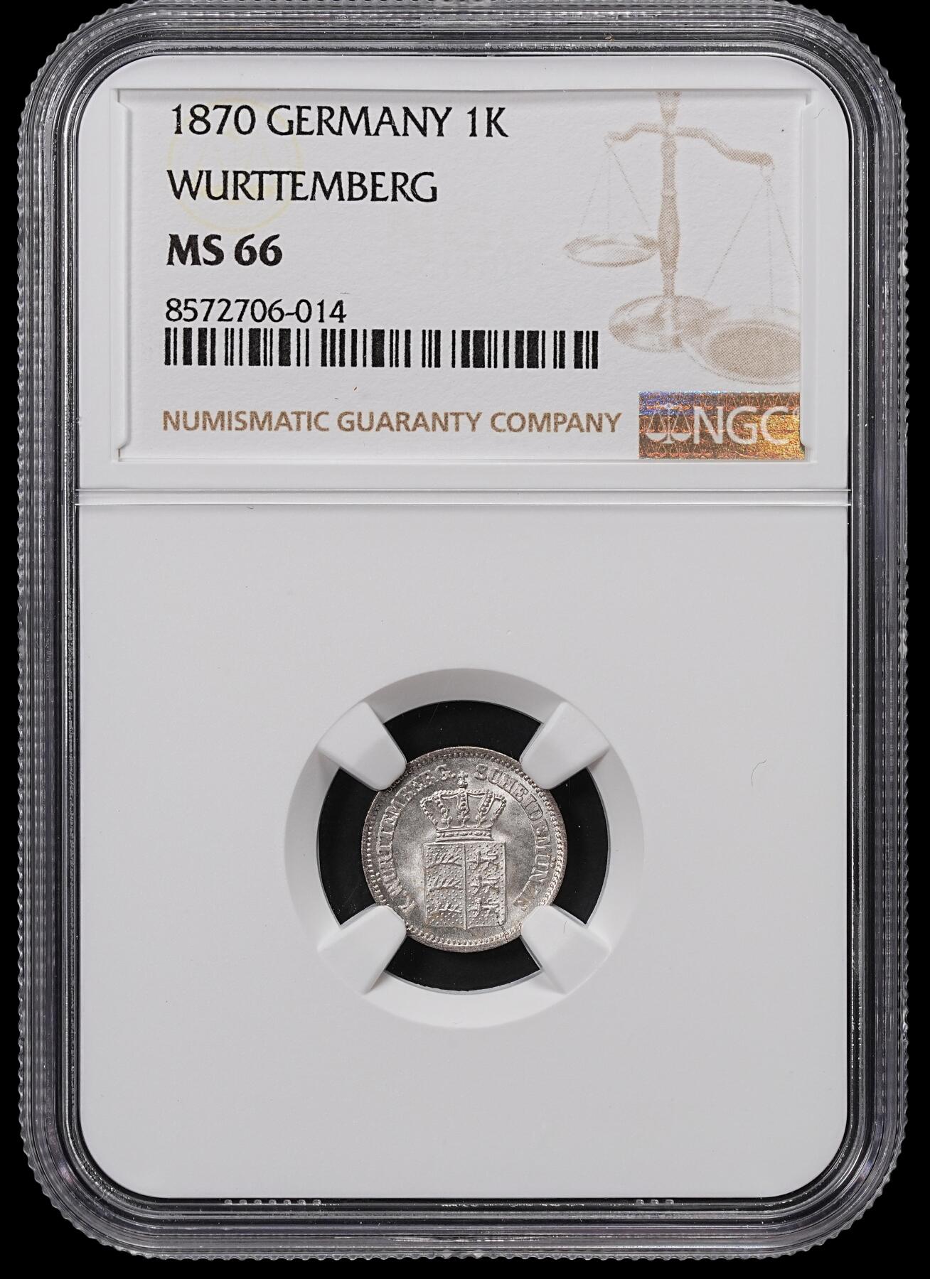 修遠堂世界钱币第八十五期 NGC MS66 1870年符腾堡1克鲁泽