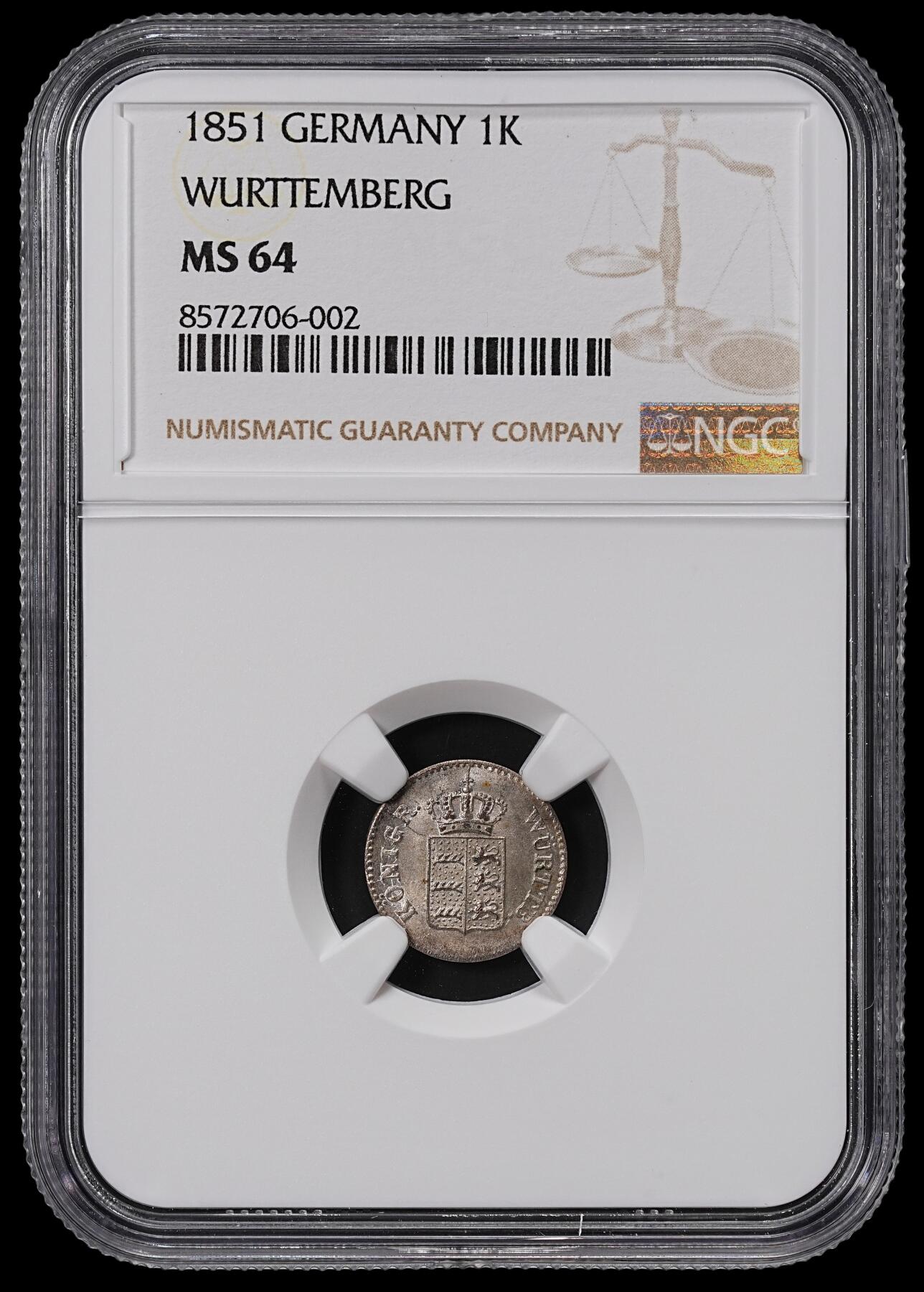 修遠堂世界钱币第八十五期 NGC MS64 1851年符腾堡1克鲁泽 冠军分