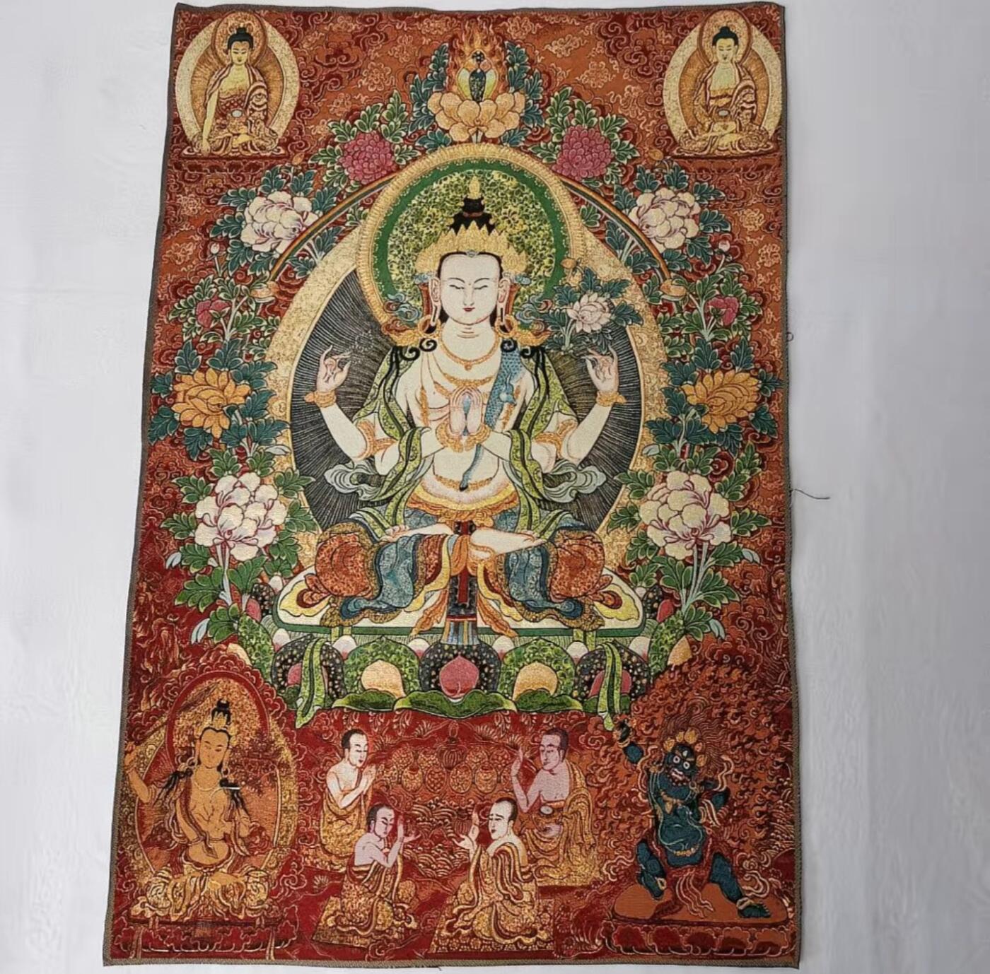 刺绣唐卡专场 西藏佛像刺绣  四臂观音菩萨 金丝唐卡40*60cm