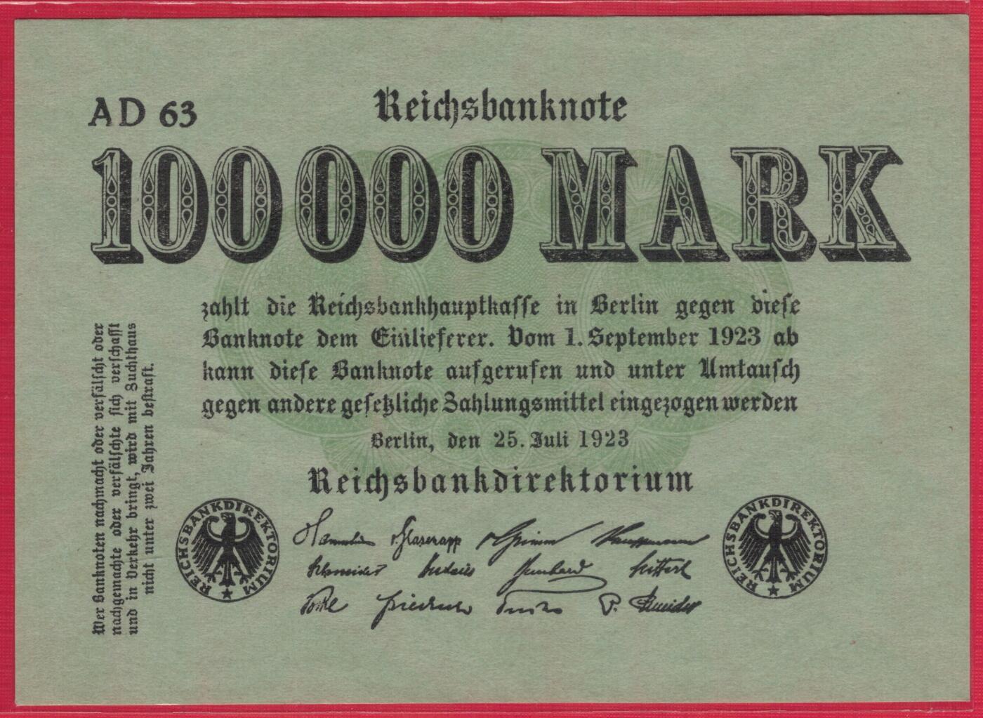 德国1923年10万(100000)马克 P-91a 单面印刷 实物图 UNC