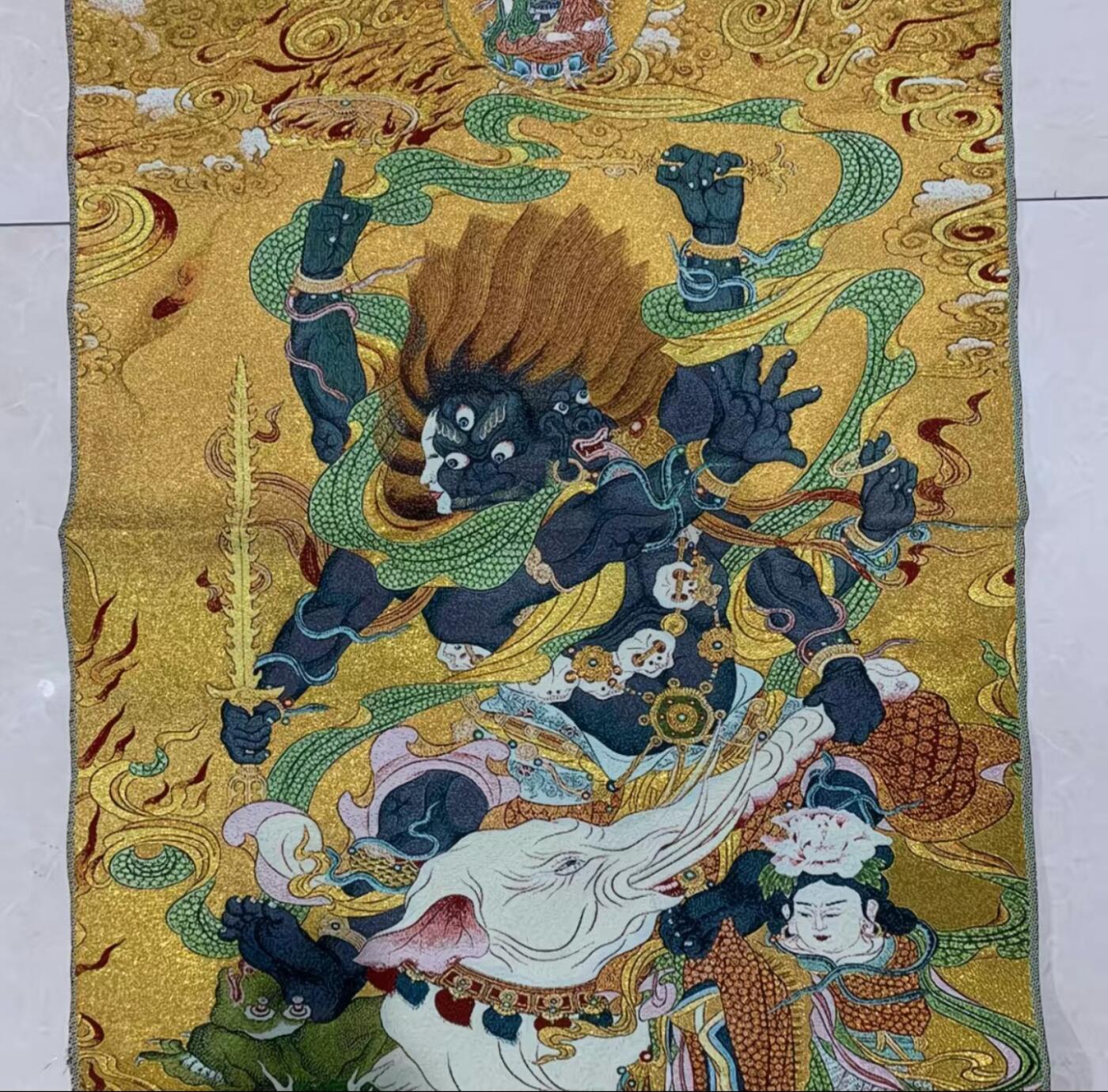 刺绣唐卡专场 西藏佛像刺绣  大黑天 金丝唐卡90*60cm