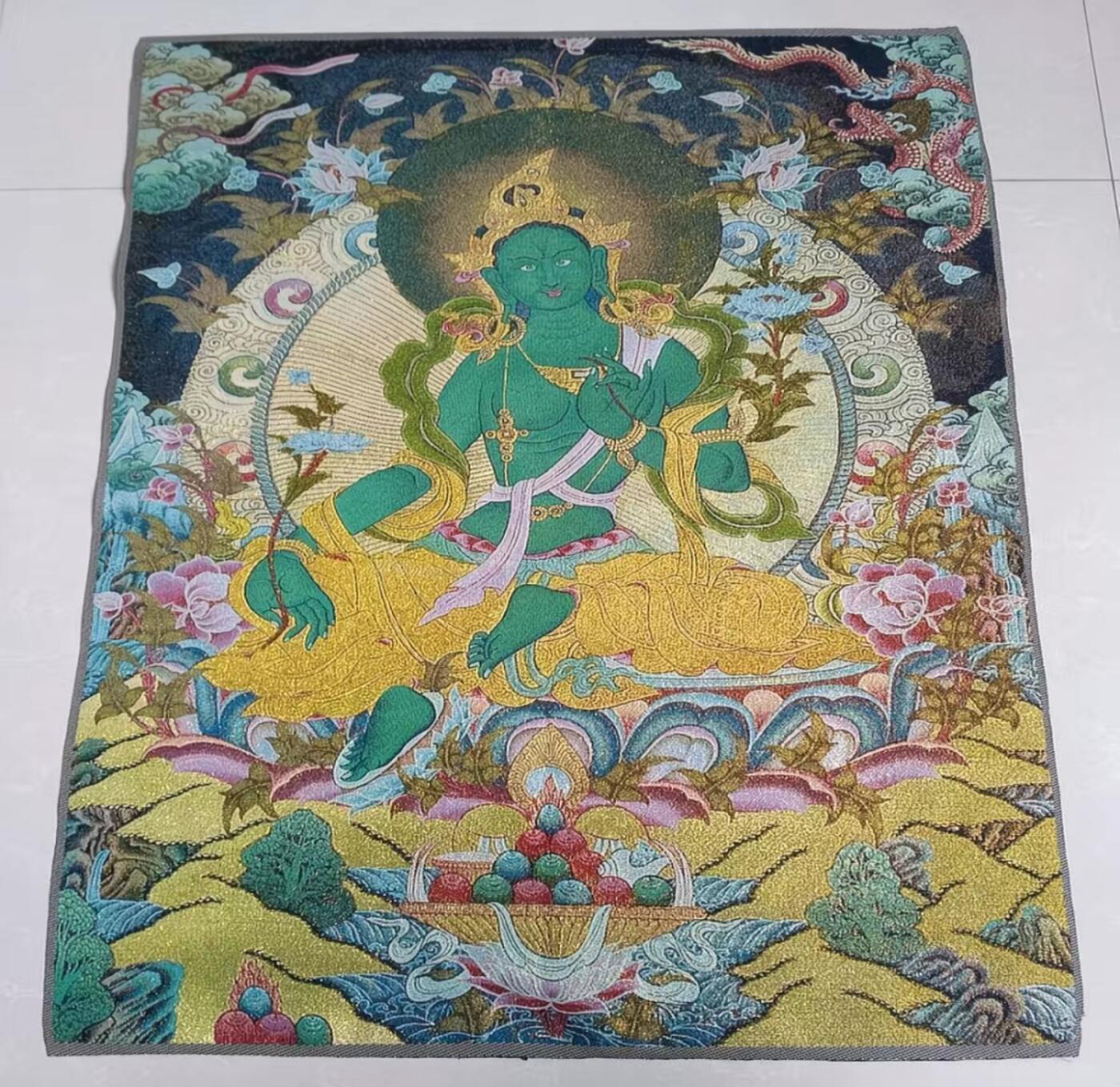 古玩杂相《5》 西藏佛像刺绣 绿度母 金丝唐卡40*60cm