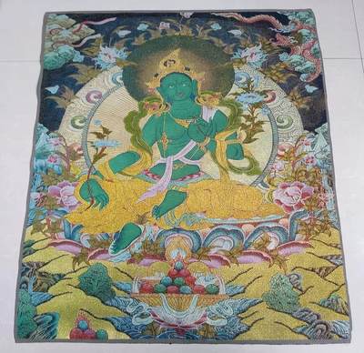 古玩杂相《5》 - 西藏佛像刺绣 绿度母 金丝唐卡40*60cm