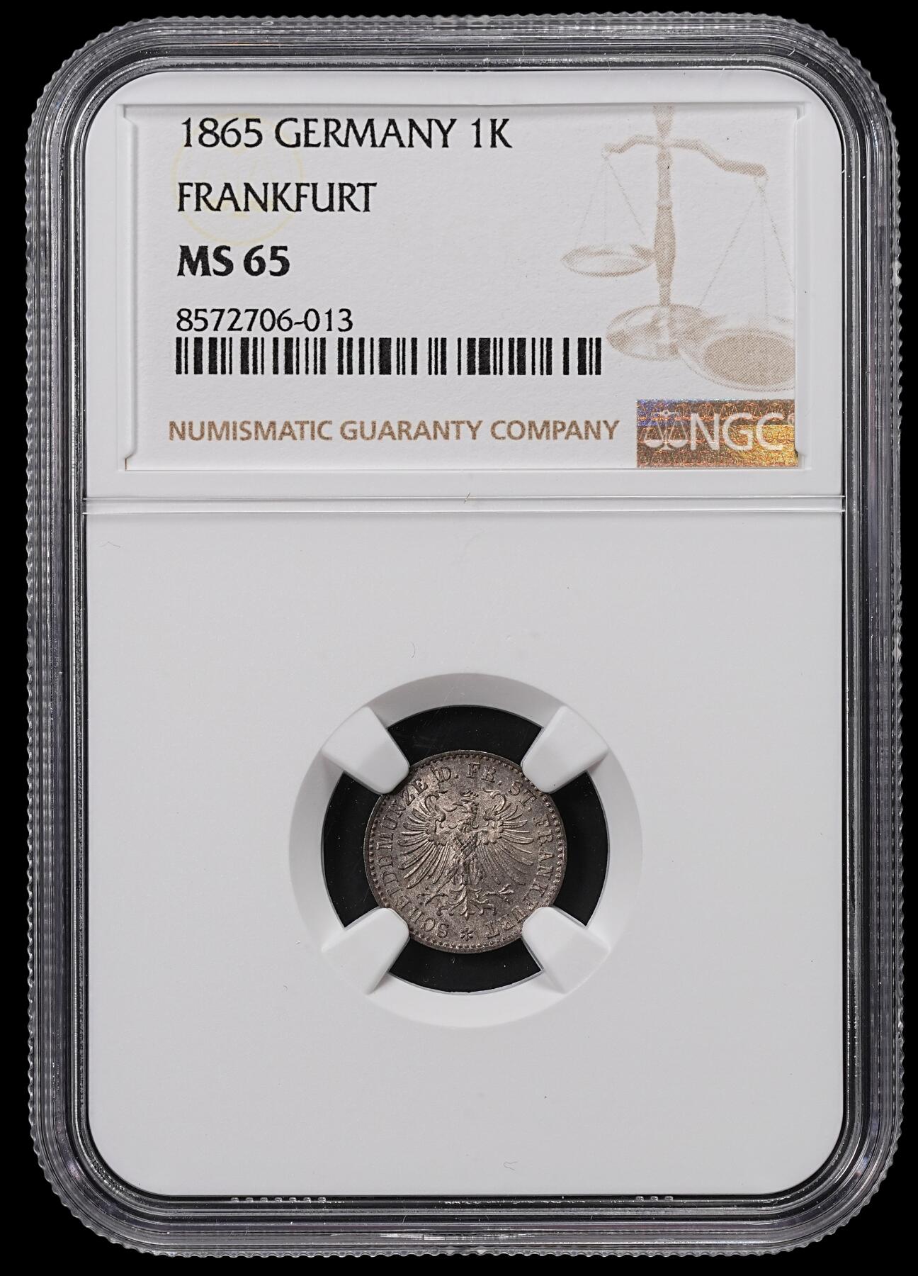 修遠堂世界钱币第八十五期 NGC MS65 1865年法兰克福1克鲁泽