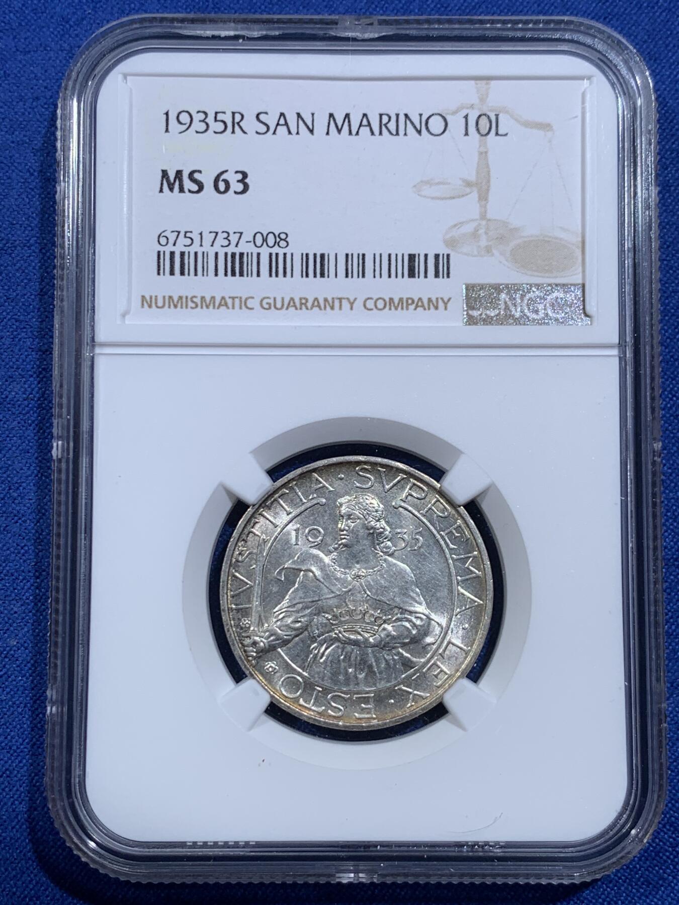 《竞宝斋》第420场 周日，周一，周二  3场连拍 （全场包邮） NGC MS63 圣马力诺1935年10里拉银币 图案有特色 发行少