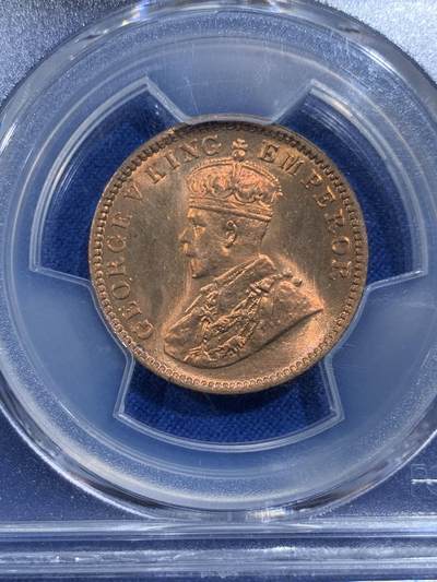 《竞宝斋》第420场 周日，周一，周二  3场连拍 （全场包邮） PCGS MS65RD 英属印度1935年1/4安那铜币，乔治五世，印度皇帝版。此版多见BN、RB，出RD难度很大。铜光闪耀夺目，印度铜币有此状态殊为不易。