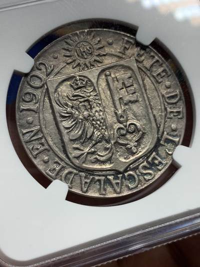 《竞宝斋》第420场 周日，周一，周二  3场连拍 （全场包邮） NGC MS64 瑞士1902年日内瓦凯雷德战役300周年纪念银章 淡包浆