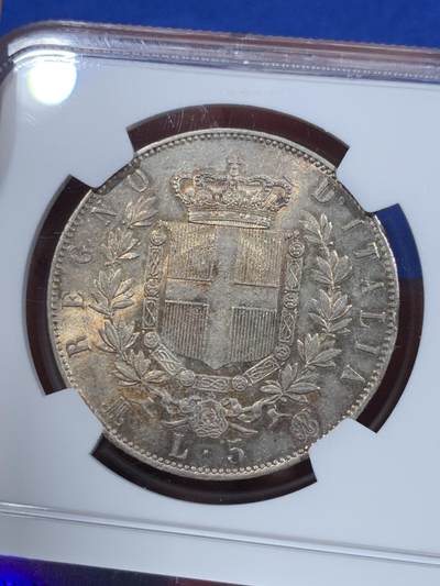 《竞宝斋》第420场 周日，周一，周二  3场连拍 （全场包邮） NGC MS61 意大利1872年伊曼纽尔二世5里拉大银币 黄油转光