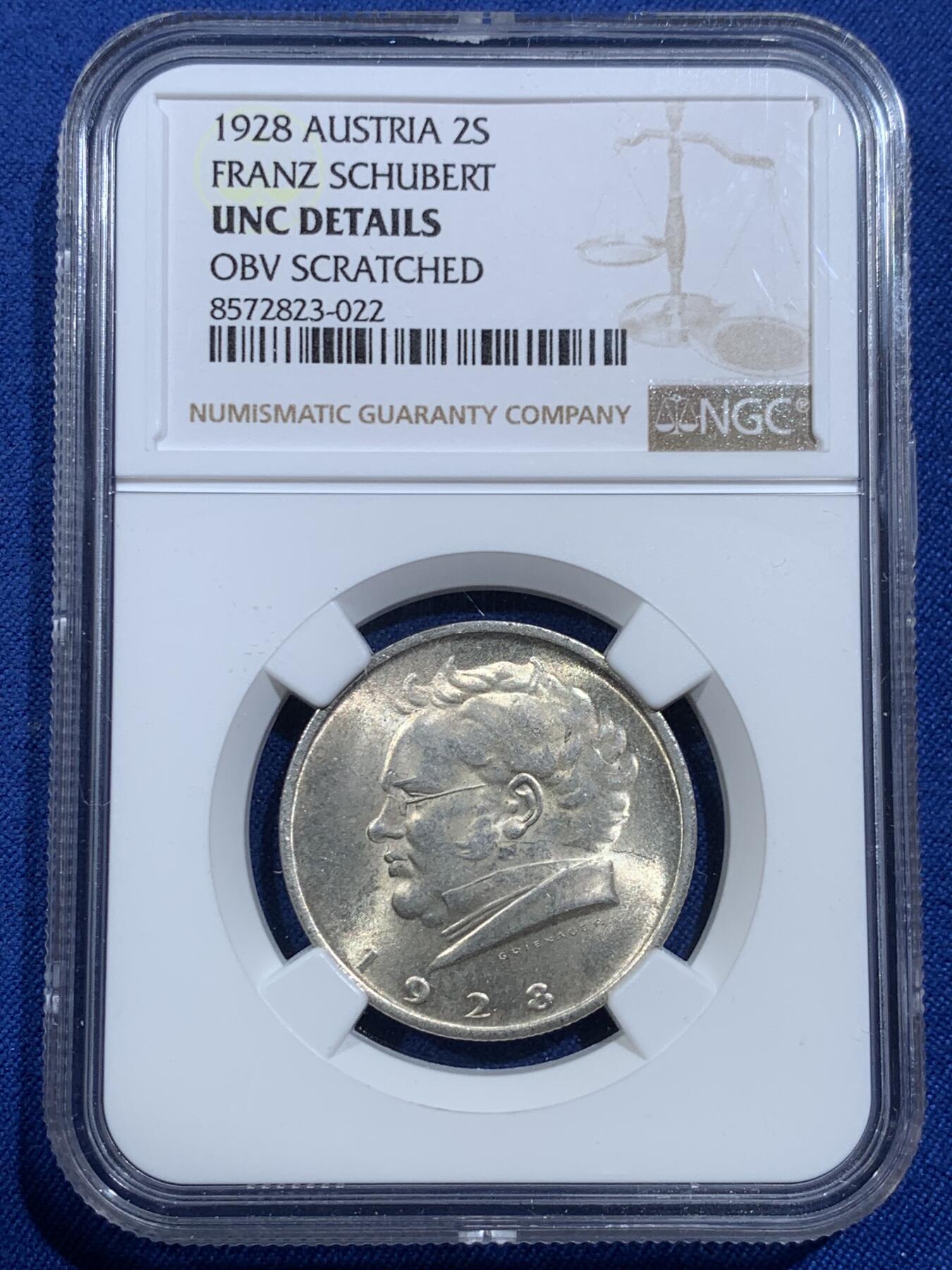 《竞宝斋》第420场 周日，周一，周二  3场连拍 （全场包邮） NGC UNC 1928年奥地利舒伯特2先令银币