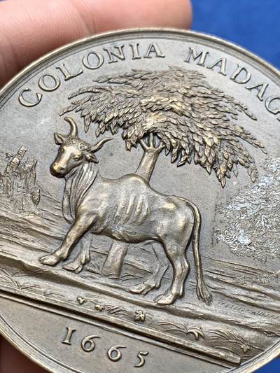 《竞宝斋》第420场 周日，周一，周二  3场连拍 （全场包邮） 法国路易十四马达加斯加殖民纪念铜章 丰饶角铜标 107.6克 61.8mm 丰饶角铜标