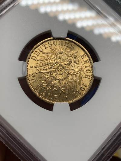 《竞宝斋》第420场 周日，周一，周二  3场连拍 （全场包邮） 亚军分 NGC MS63 德国 1911 黑森-达姆施塔特大公国 路德维希20马克 金币 约8克 900金 远高于金价的品种