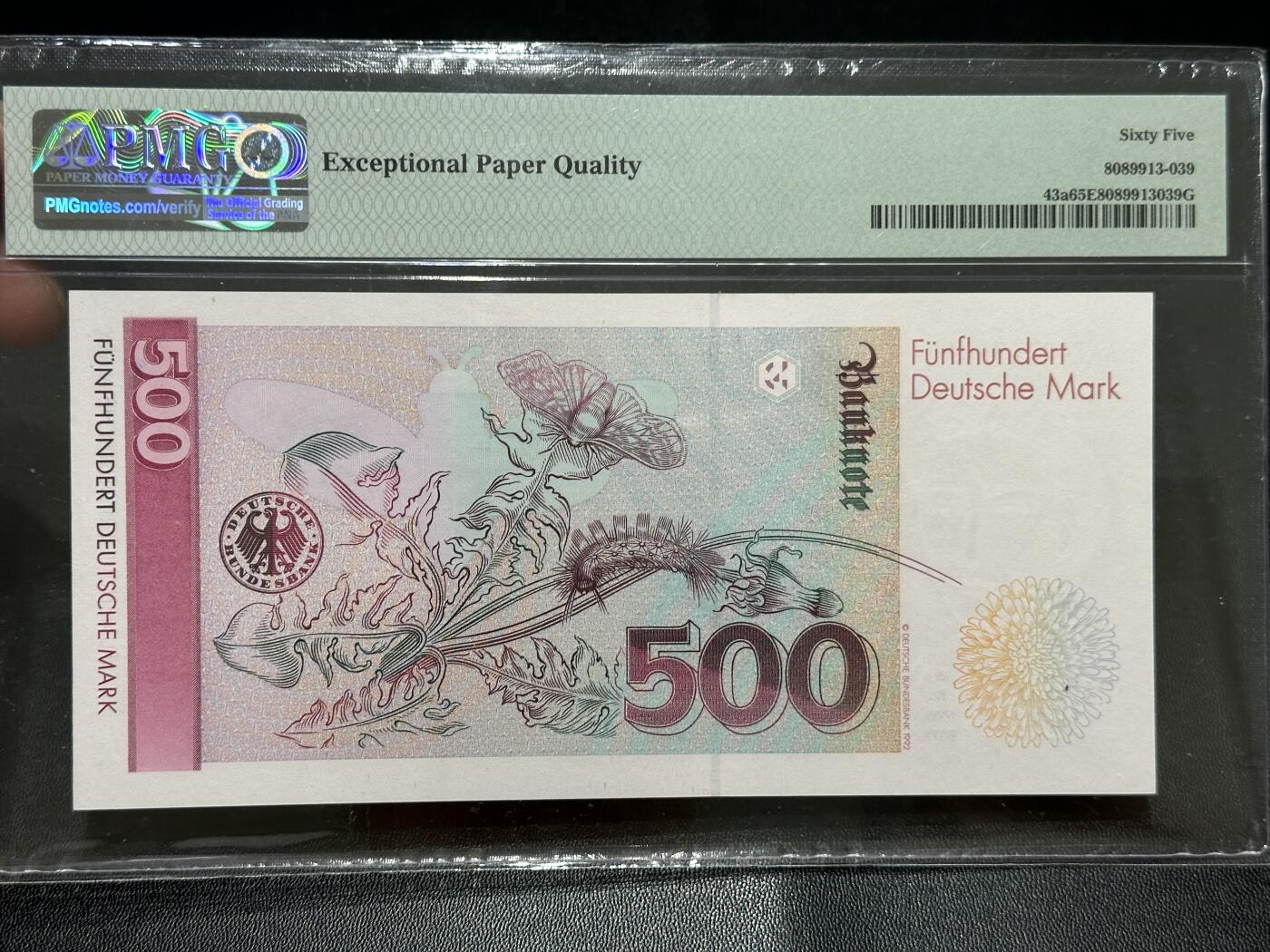 《外钞收藏家》第五百六十九期（本期拍品品种丰富、精选优质稀少好货）（本平台长期征集拍品、欢迎藏友们联系合作） 1991年德国末版500马克 PMG65 AA冠