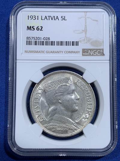 《竞宝斋》第420场 周日，周一，周二  3场连拍 （全场包邮） - NGC MS62 拉脱维亚1931年谷物女神5拉特银币 外拍上涨品种