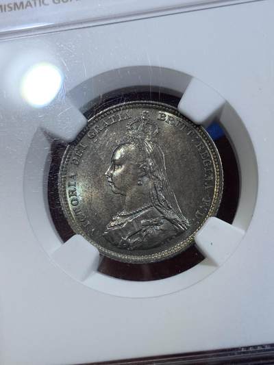 《竞宝斋》第420场 周日，周一，周二  3场连拍 （全场包邮） NGC MS65 英国 1887年 1先令 银币 双面蓝绿色深包浆，国外成交价高，值得入藏。