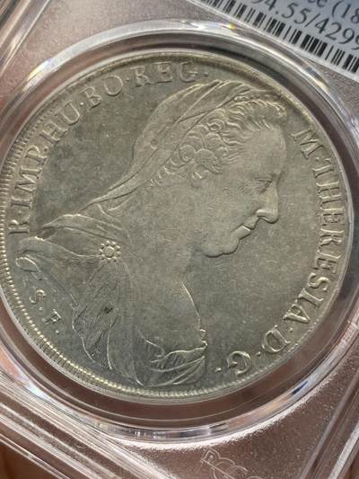 《竞宝斋》第420场 周日，周一，周二  3场连拍 （全场包邮） PCGS AU55分 1780年 神圣罗马帝国玛利亚特蕾莎女王 大奶妈1泰勒大银币 PC亚军分 封面广告币之一 威尼斯造币厂铸造 铸造时间1817-1833年 微镜面感 深打难得