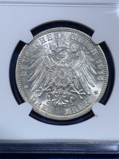 《竞宝斋》第420场 周日，周一，周二  3场连拍 （全场包邮） NGC MS63 德国1914年符腾堡3马克银币