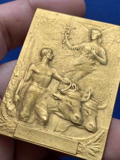 《竞宝斋》第420场 周日，周一，周二  3场连拍 （全场包邮） 法国农业镀金铜质方章 61.1克 40.6*53.8mm 带盒