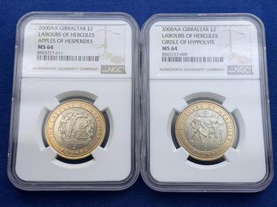 《竞宝斋》第420场 周日，周一，周二  3场连拍 （全场包邮） 稀少12枚一组 NGC MS63-66 直布罗陀 2000 赫拉克勒斯的功绩系列 双金属2镑纪念币 低评明显