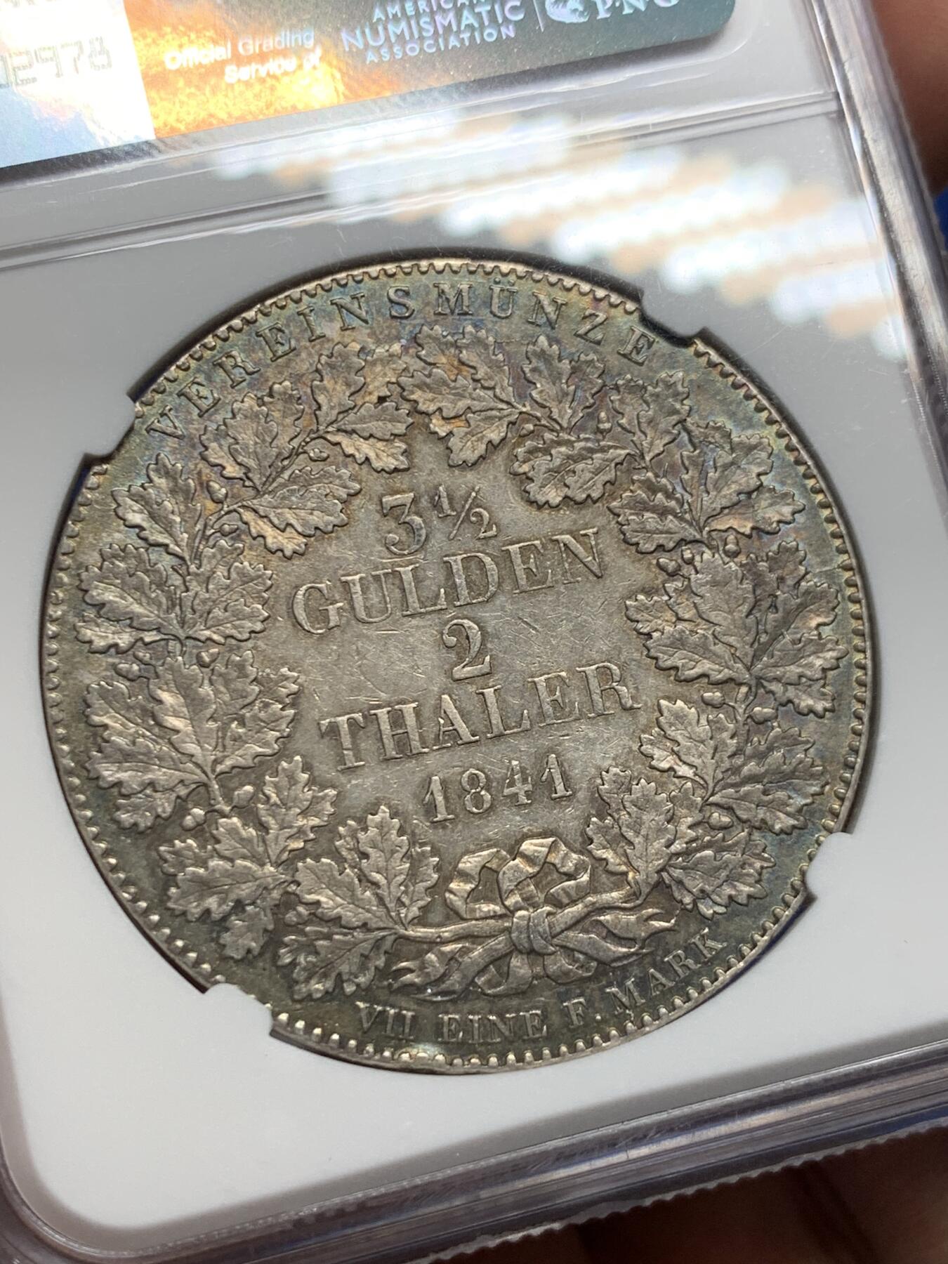 《竞宝斋》第420场 周日，周一，周二  3场连拍 （全场包邮） NGC AU53 德国1841年法兰克福城市景观2泰勒大银币 五彩包浆