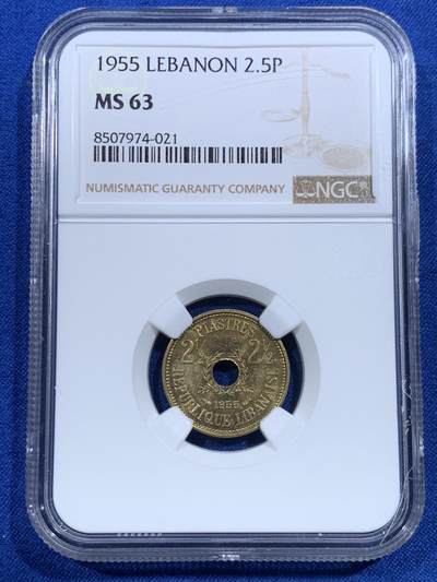 《竞宝斋》第420场 周日，周一，周二  3场连拍 （全场包邮） - NGC MS63 黎巴嫩1955年2.5皮阿斯特中孔黄铜币