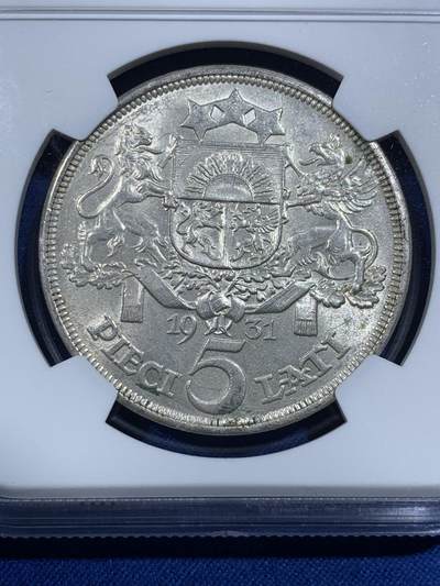 《竞宝斋》第420场 周日，周一，周二  3场连拍 （全场包邮） NGC MS62 拉脱维亚1931年谷物女神5拉特银币 外拍上涨品种