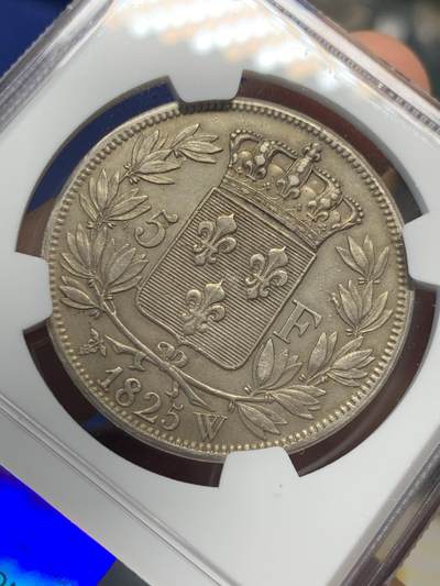 《竞宝斋》第420场 周日，周一，周二  3场连拍 （全场包邮） NGC AUD 法国1825年查理十世5法郎银币 早期少见 第一版头像 状态不错的 没分可惜