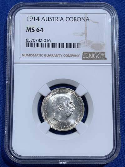 《竞宝斋》第420场 周日，周一，周二  3场连拍 （全场包邮） - NGC MS64 奥地利1914年1克朗银币 拆卷状态