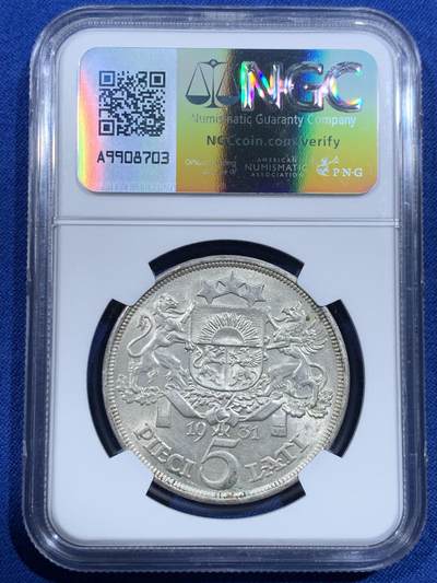 《竞宝斋》第420场 周日，周一，周二  3场连拍 （全场包邮） NGC MS62 拉脱维亚1931年谷物女神5拉特银币 外拍上涨品种