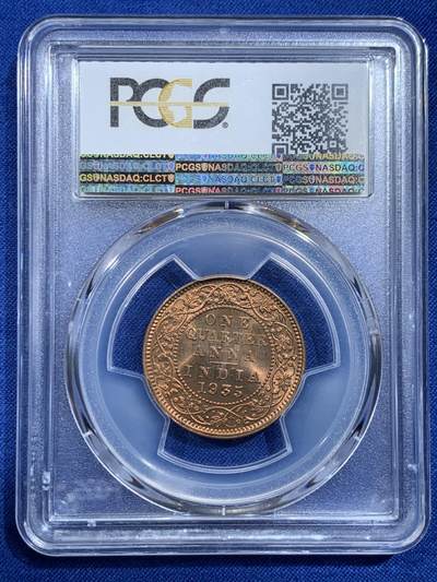 《竞宝斋》第420场 周日，周一，周二  3场连拍 （全场包邮） PCGS MS65RD 英属印度1935年1/4安那铜币，乔治五世，印度皇帝版。此版多见BN、RB，出RD难度很大。铜光闪耀夺目，印度铜币有此状态殊为不易。