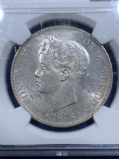 《竞宝斋》第420场 周日，周一，周二  3场连拍 （全场包邮） NGC MS62 西班牙1898年阿方索少年头5比塞塔银币 状态极美车轮转光