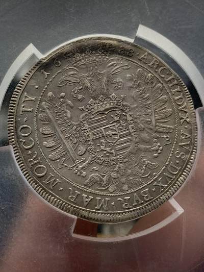 《竞宝斋》第420场 周日，周一，周二  3场连拍 （全场包邮） 亚军分 PCGS AU58 神圣罗马帝国 1688 匈牙利泰勒银币  利奥波德一世 大波浪流行发型 P大盒封装