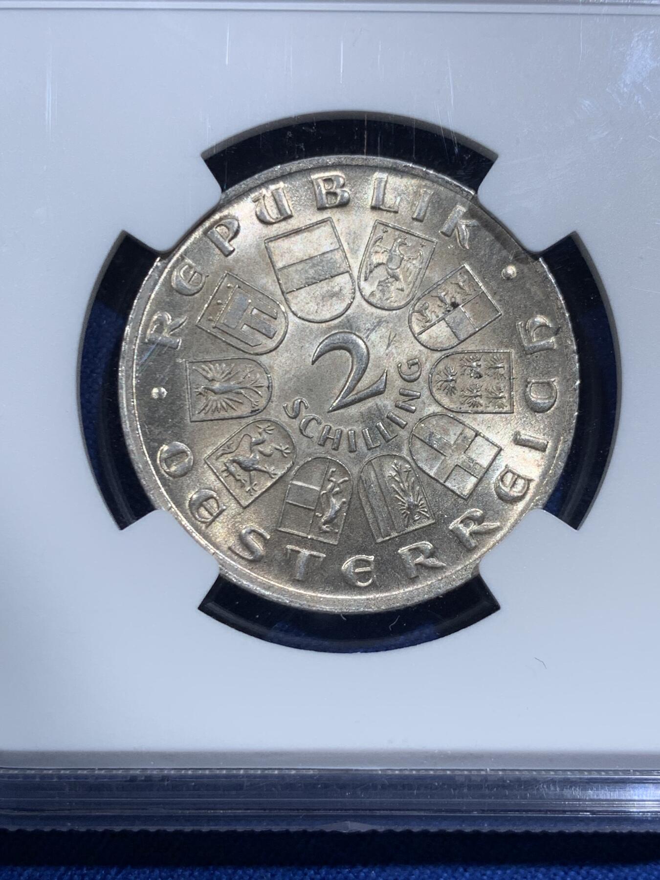 《竞宝斋》第420场 周日，周一，周二  3场连拍 （全场包邮） NGC UNC 1928年奥地利舒伯特2先令银币