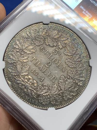 《竞宝斋》第420场 周日，周一，周二  3场连拍 （全场包邮） NGC AU53 德国1841年法兰克福城市景观2泰勒大银币 五彩包浆