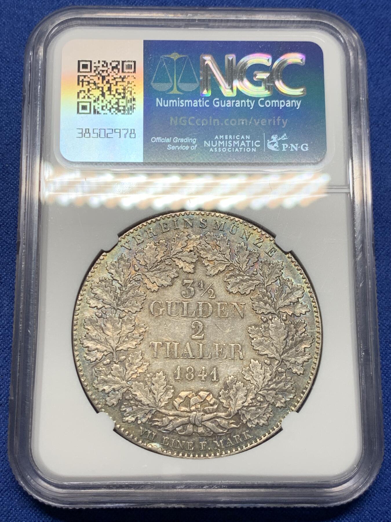 《竞宝斋》第420场 周日，周一，周二  3场连拍 （全场包邮） NGC AU53 德国1841年法兰克福城市景观2泰勒大银币 五彩包浆