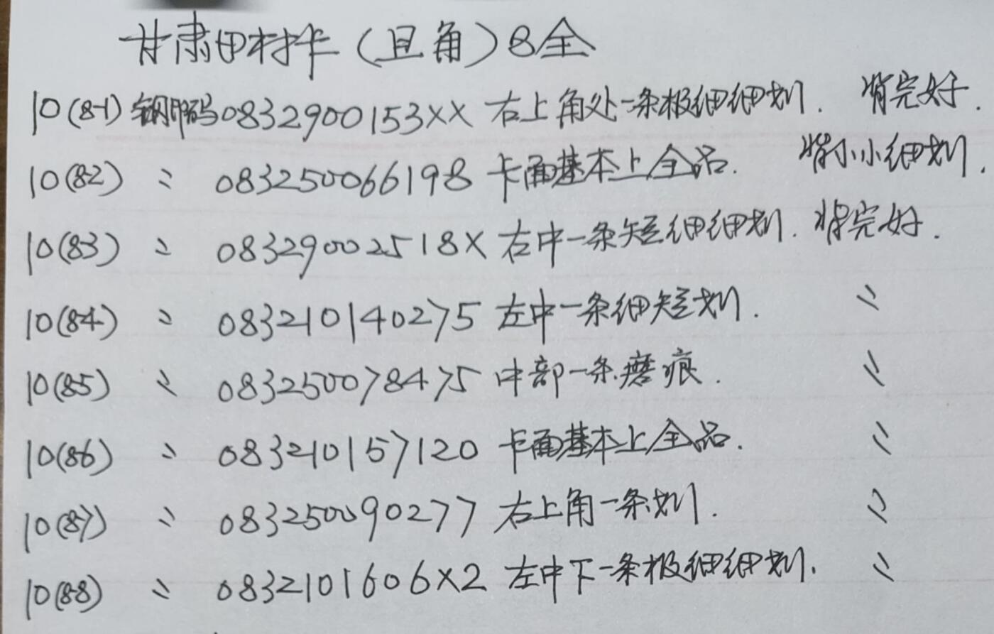 公藏第56期裸卡拍卖 甘肃田村卡（旦角）8全品相钢印码见描述。