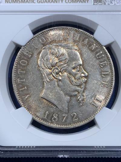 《竞宝斋》第420场 周日，周一，周二  3场连拍 （全场包邮） NGC MS61 意大利1872年伊曼纽尔二世5里拉大银币 黄油转光