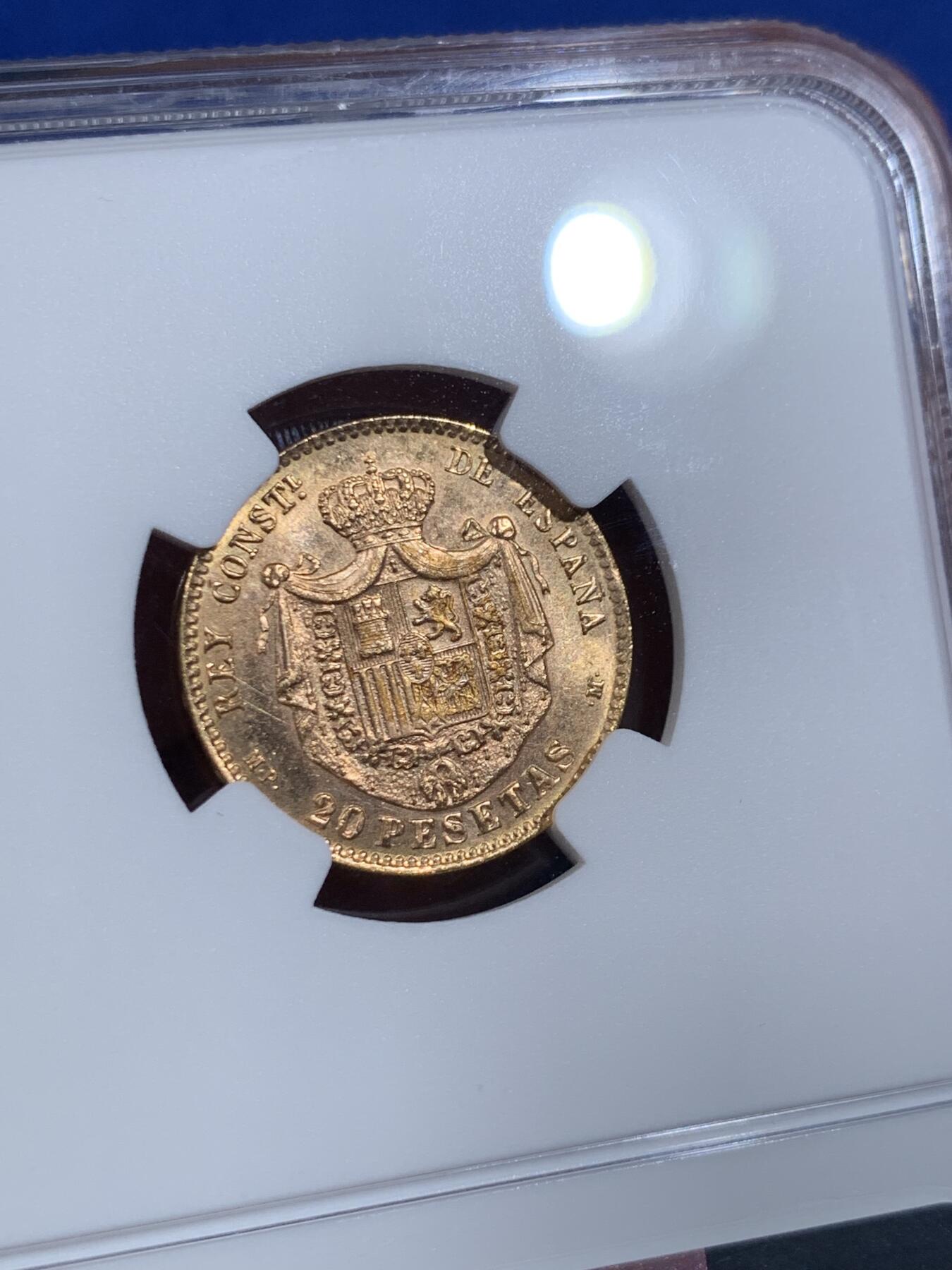 《竞宝斋》第420场 周日，周一，周二  3场连拍 （全场包邮） NGC MS64 西班牙1896（62）阿方索十三世20比塞塔金币 6.45克 900金 发行量12000枚 1962后铸版
