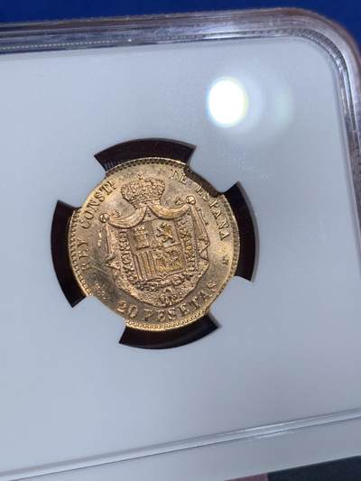 《竞宝斋》第420场 周日，周一，周二  3场连拍 （全场包邮） NGC MS64 西班牙1896（62）阿方索十三世20比塞塔金币 6.45克 900金 发行量12000枚 1962后铸版