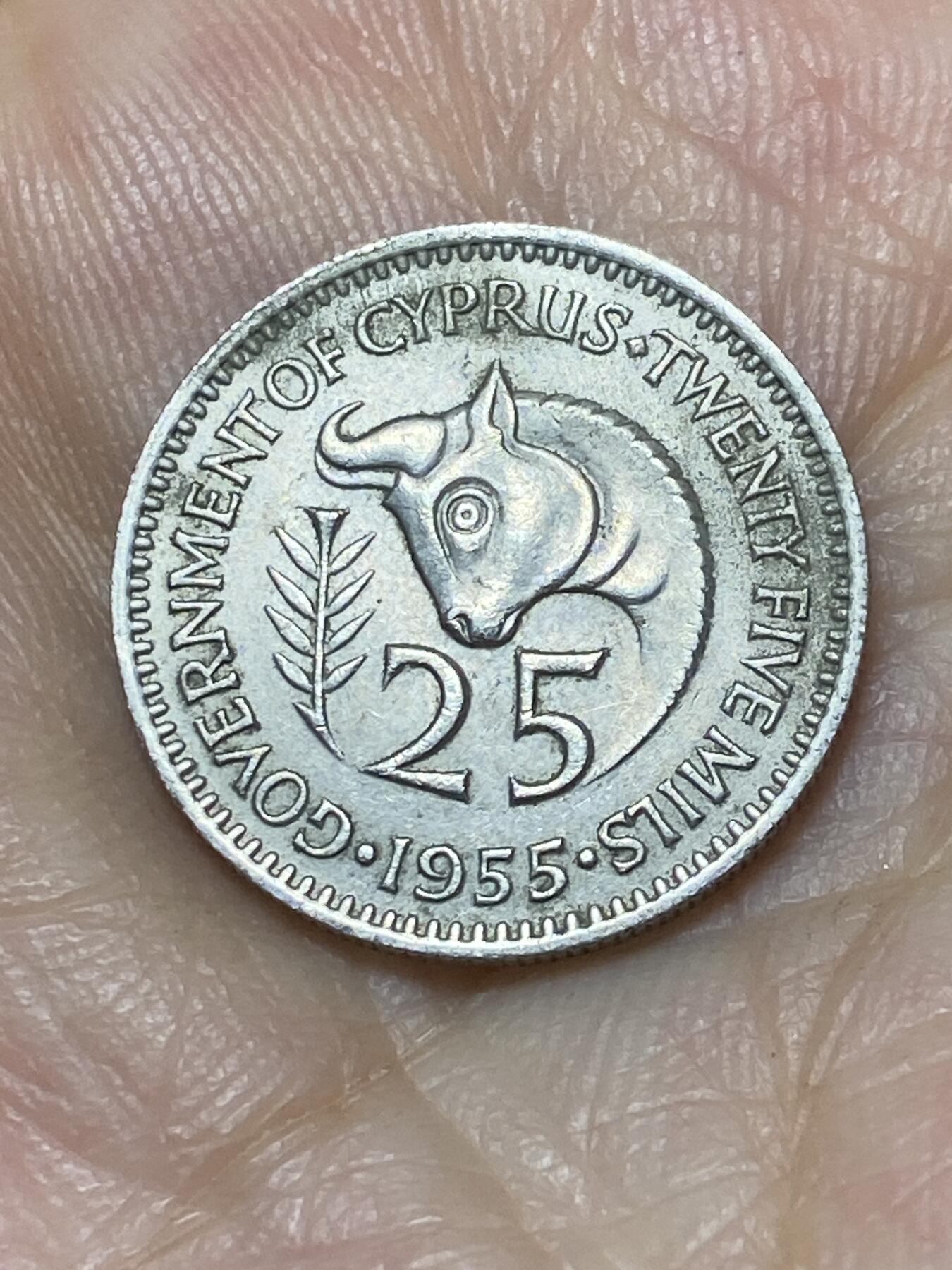 2025年第九十四场(总第一百二十场）外国好品散币(免佣金) 少见好品–英属塞浦路斯1955单年份25米尔(伊丽莎白二世青年带冠)