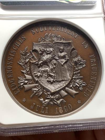 《竞宝斋》第420场 周日，周一，周二  3场连拍 （全场包邮） NGC MS64BN 1890年瑞士射击节铜章，原光PL感，感觉有点低评了，加厚盒。