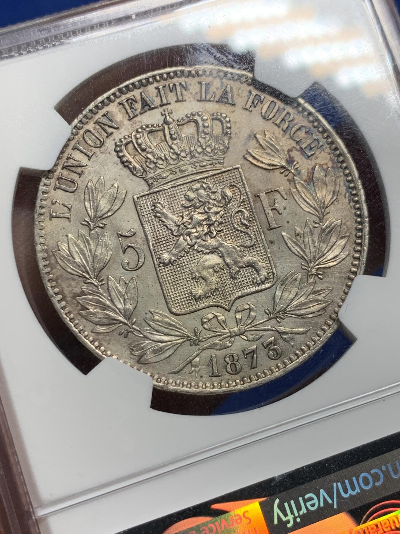 《竞宝斋》第420场 周日，周一，周二  3场连拍 （全场包邮） NGC UNCD 比利时1873年利奥波德二世5法郎银币