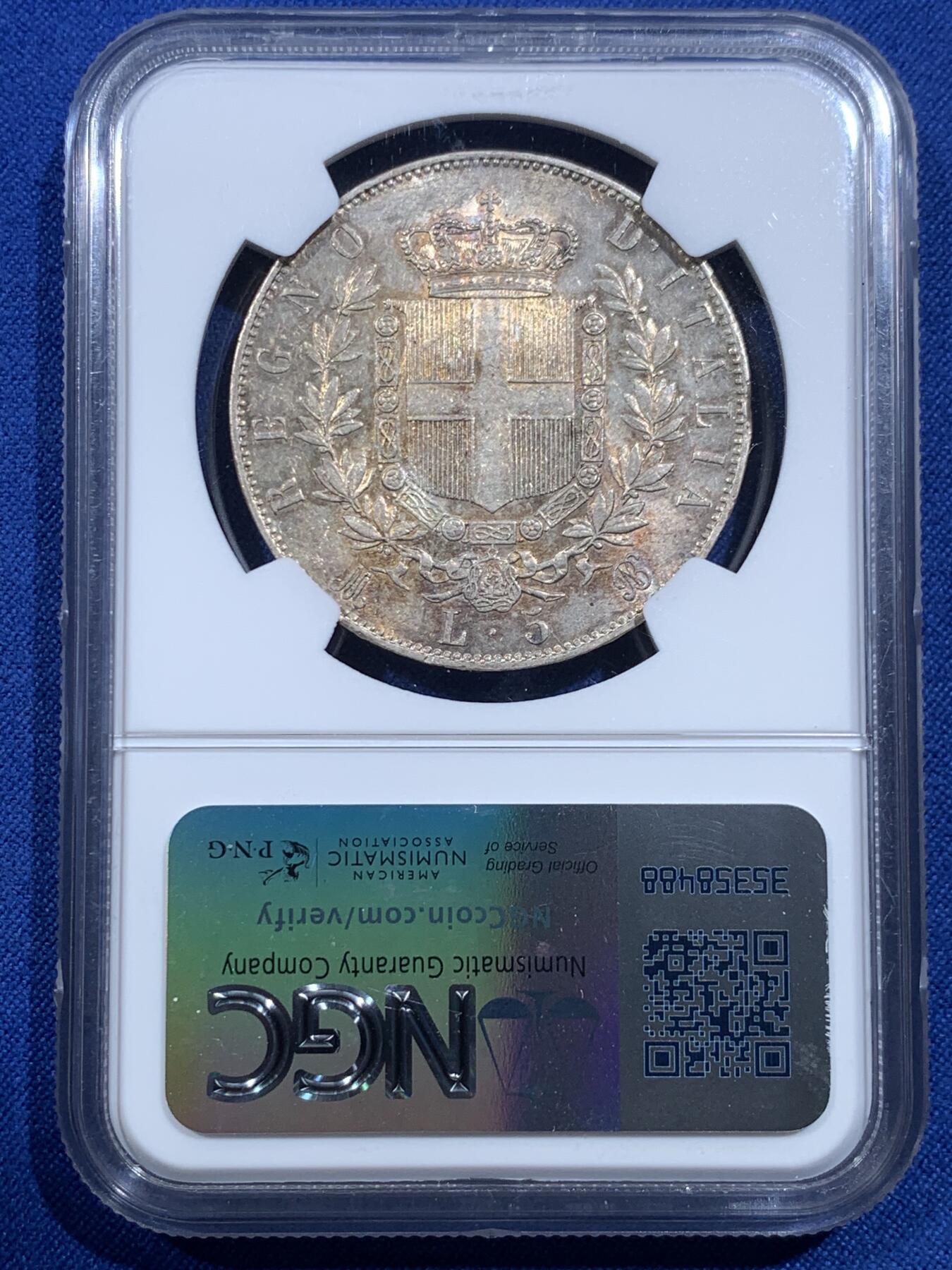 《竞宝斋》第420场 周日，周一，周二  3场连拍 （全场包邮） NGC MS61 意大利1872年伊曼纽尔二世5里拉大银币 黄油转光