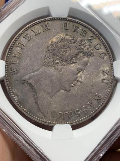 《竞宝斋》第420场 周日，周一，周二  3场连拍 （全场包邮） NGC AU53 德国 1836 拿骚 威廉 泰勒 大银币 稀缺品种 原味包浆