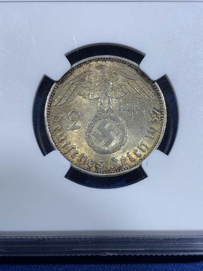 《竞宝斋》第420场 周日，周一，周二  3场连拍 （全场包邮） NGC MS64 德国1937年兴登堡带字2马克银币