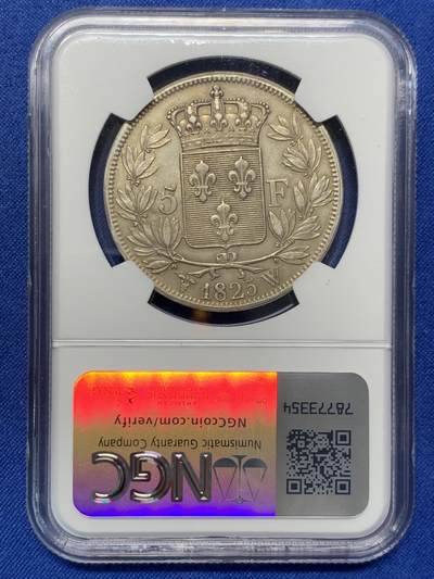 《竞宝斋》第420场 周日，周一，周二  3场连拍 （全场包邮） NGC AUD 法国1825年查理十世5法郎银币 早期少见 第一版头像 状态不错的 没分可惜