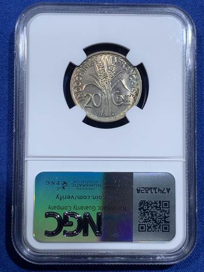 《竞宝斋》第420场 周日，周一，周二  3场连拍 （全场包邮） NGC MS64 法属印支1941年20分镍币