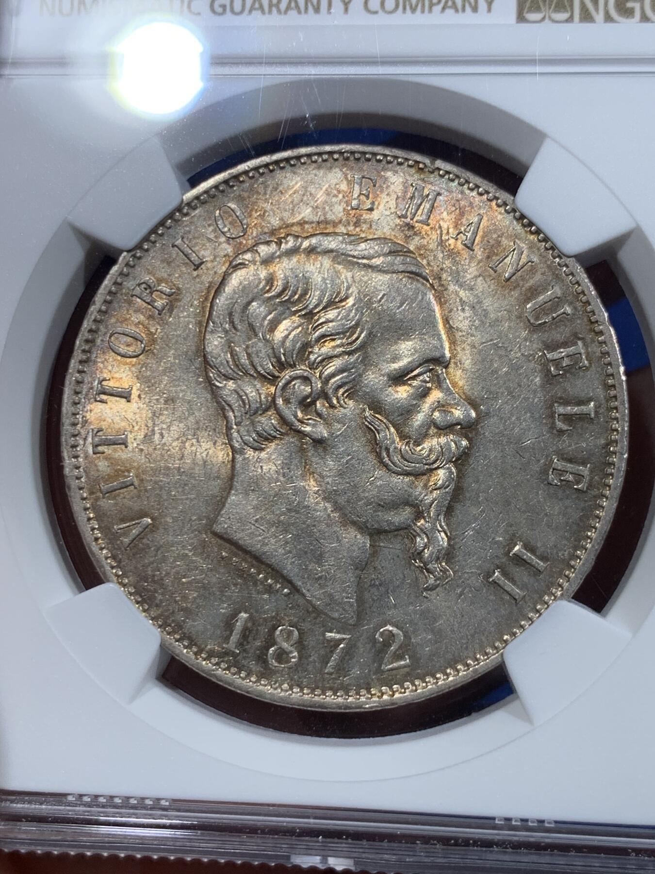 《竞宝斋》第420场 周日，周一，周二  3场连拍 （全场包邮） NGC MS61 意大利1872年伊曼纽尔二世5里拉大银币 黄油转光