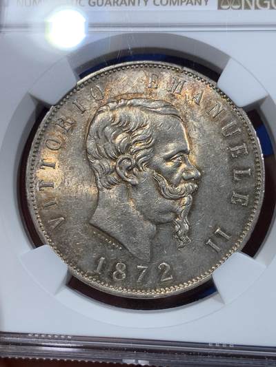 《竞宝斋》第420场 周日，周一，周二  3场连拍 （全场包邮） NGC MS61 意大利1872年伊曼纽尔二世5里拉大银币 黄油转光